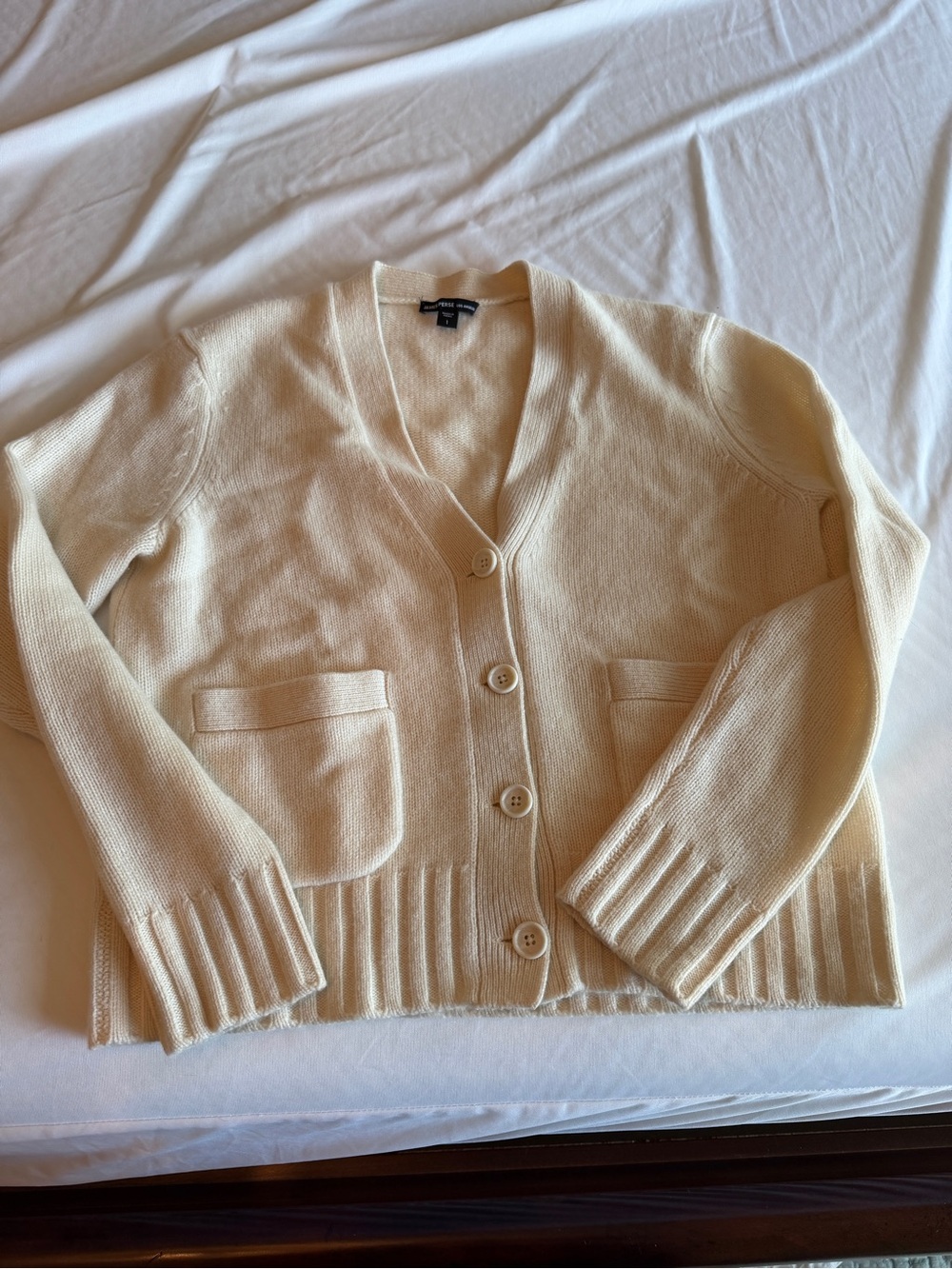 James Perse 100% Cashmere Classic Cream V-Neck Button Cardigan Sweater